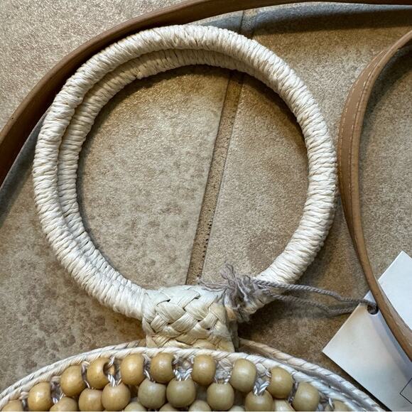A New Day Boho Round Crossbody Handle Bag Beaded Straw Neutral Tan Purse - Picture 6 of 8